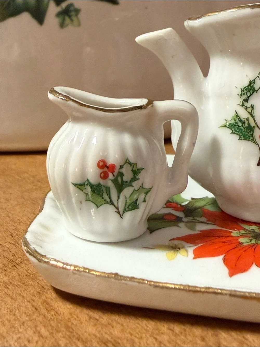 Vintage Christmas Miniature Ceramic Tea Set - White with Holly Motif